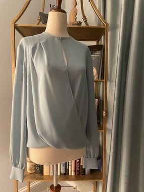 Ann Taylor Light Blue Draped Long-Sleeve Blouse Office Wedding Guest XS Small